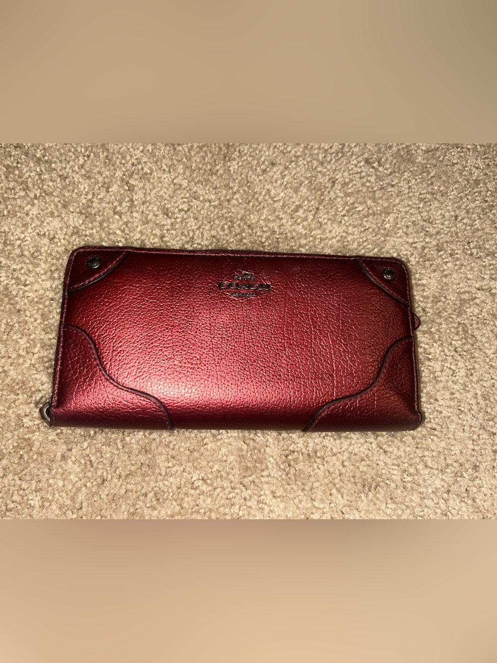 COACH Red Pebbled Leather “Mickie Accordion Zip Wallet” in Metallic Cherry